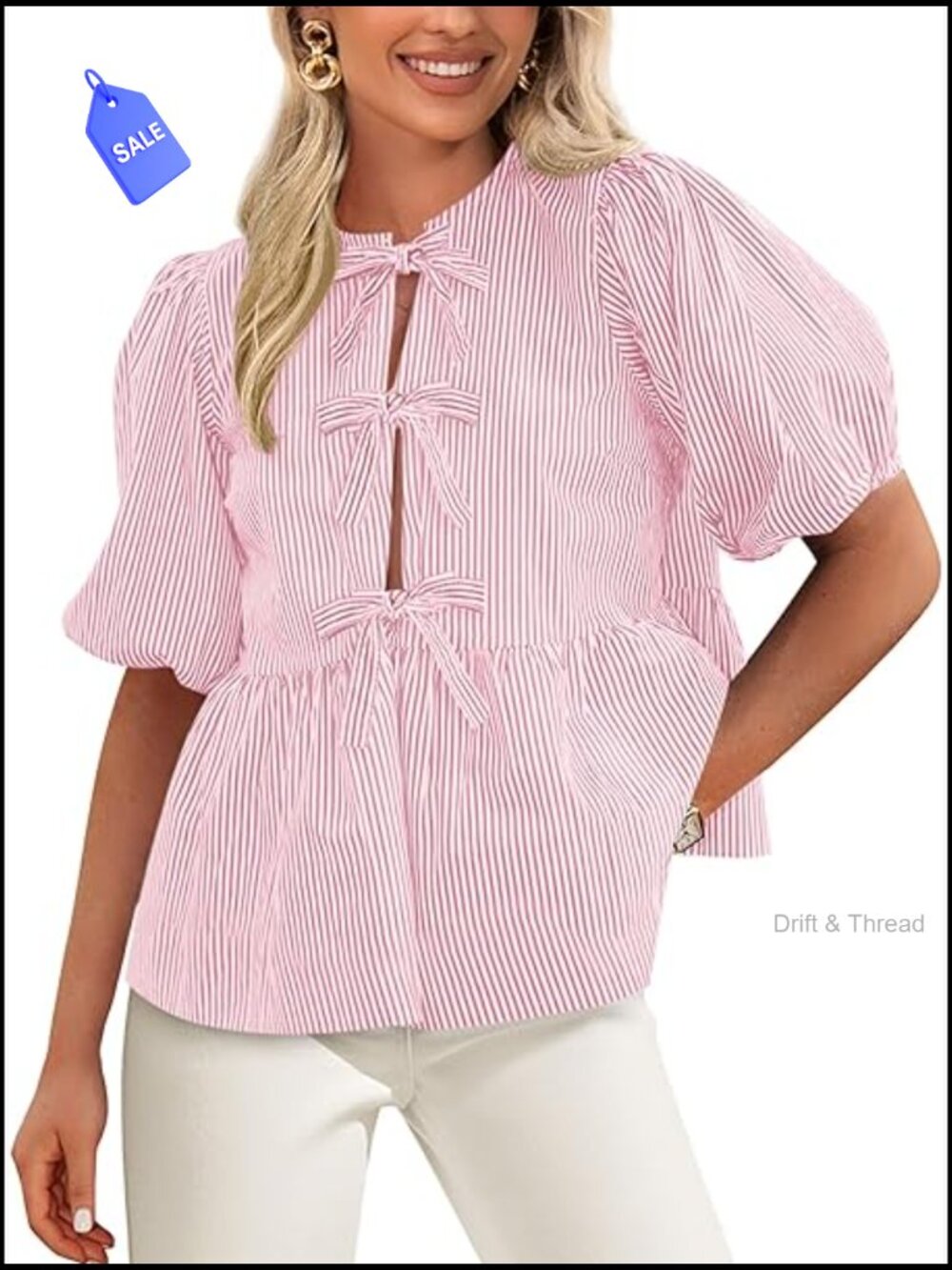 Babydoll Tie Front Striped Blouse Puffy Sleeve Peplum Top